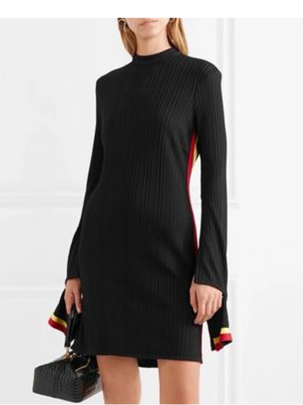 Ellery Black Ribbed Mini Dress with Red & Yellow Contrast Trim